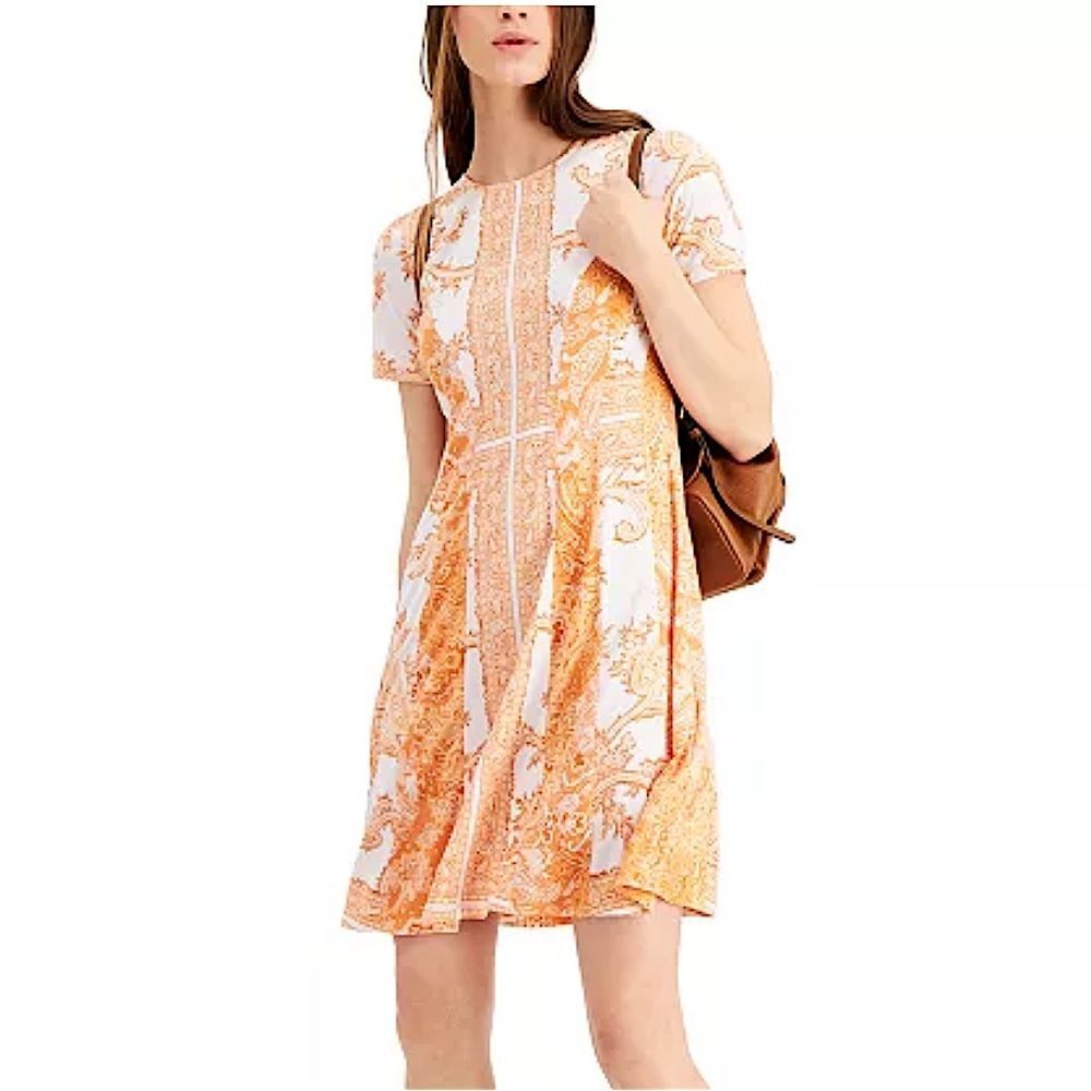 Michael Kors Orange & White Paisley Print Short Sleeve Sheath Dress Size Small